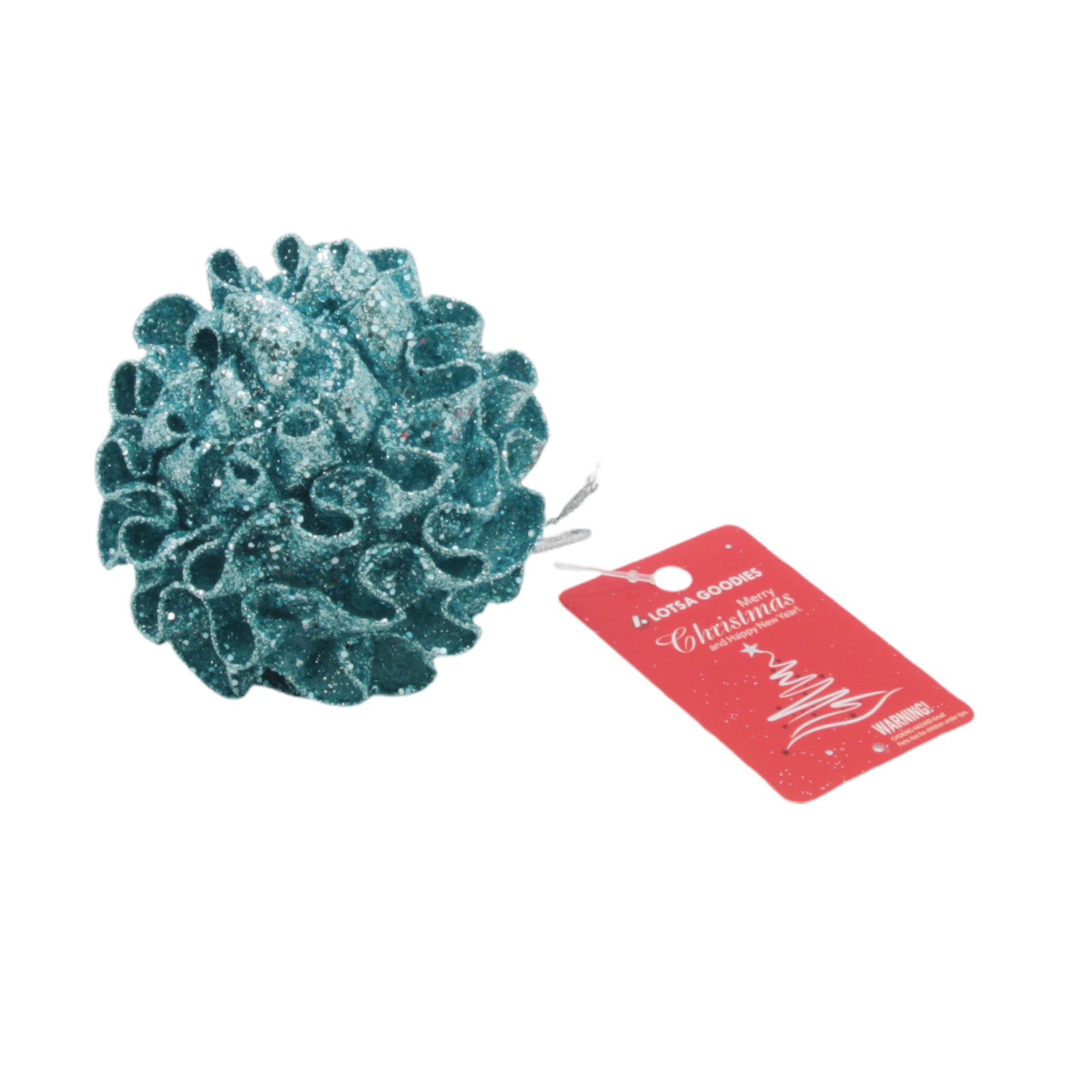 Christmas Ball(B) in teal with glitter and a red tag for holiday decoration.