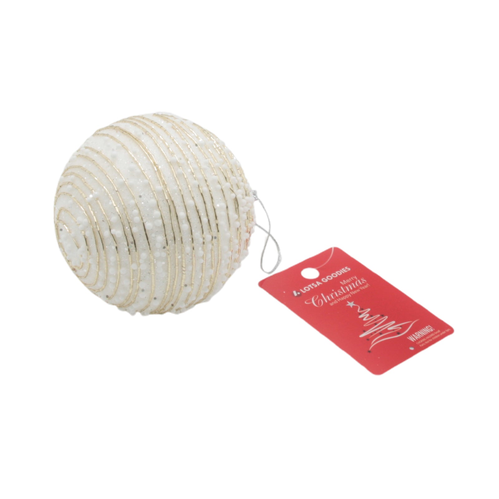Christmas Ball(G) white ornament with gold stripes and tag for Christmas decoration.