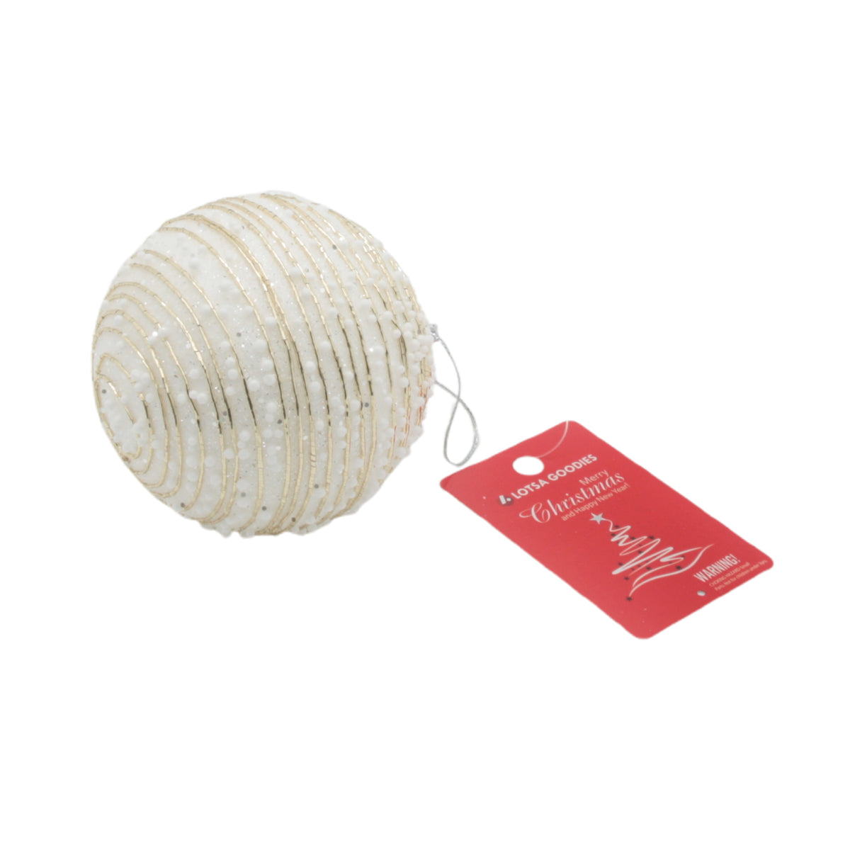 Christmas Ball(G) white ornament with gold stripes and tag for Christmas decoration.
