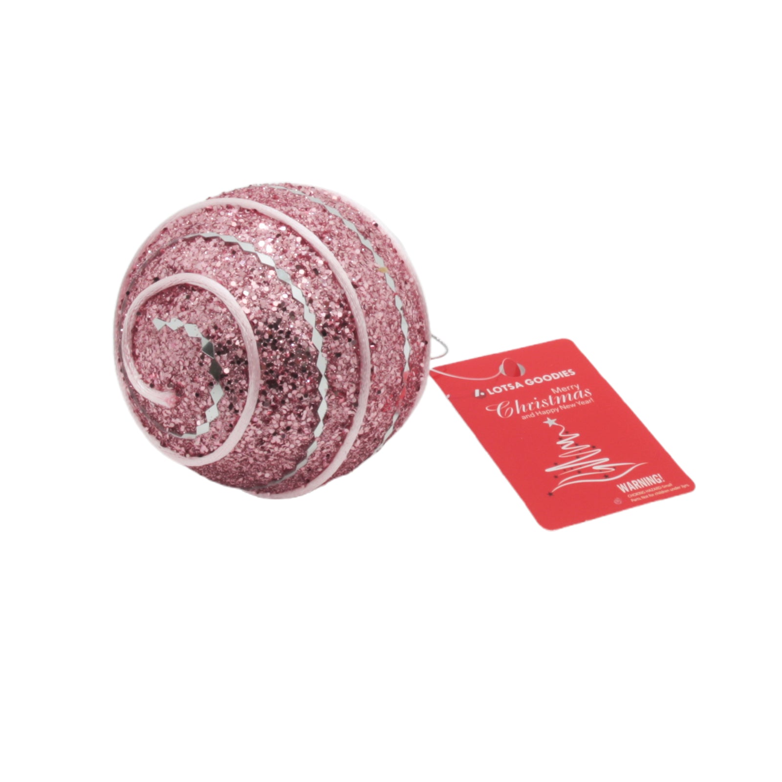 Pink glittery Christmas Ball(P) ornament with a decorative spiral design and attached tag.