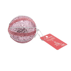 Pink glittered Christmas Ball(P) with a tag, perfect for festive holiday decorations.