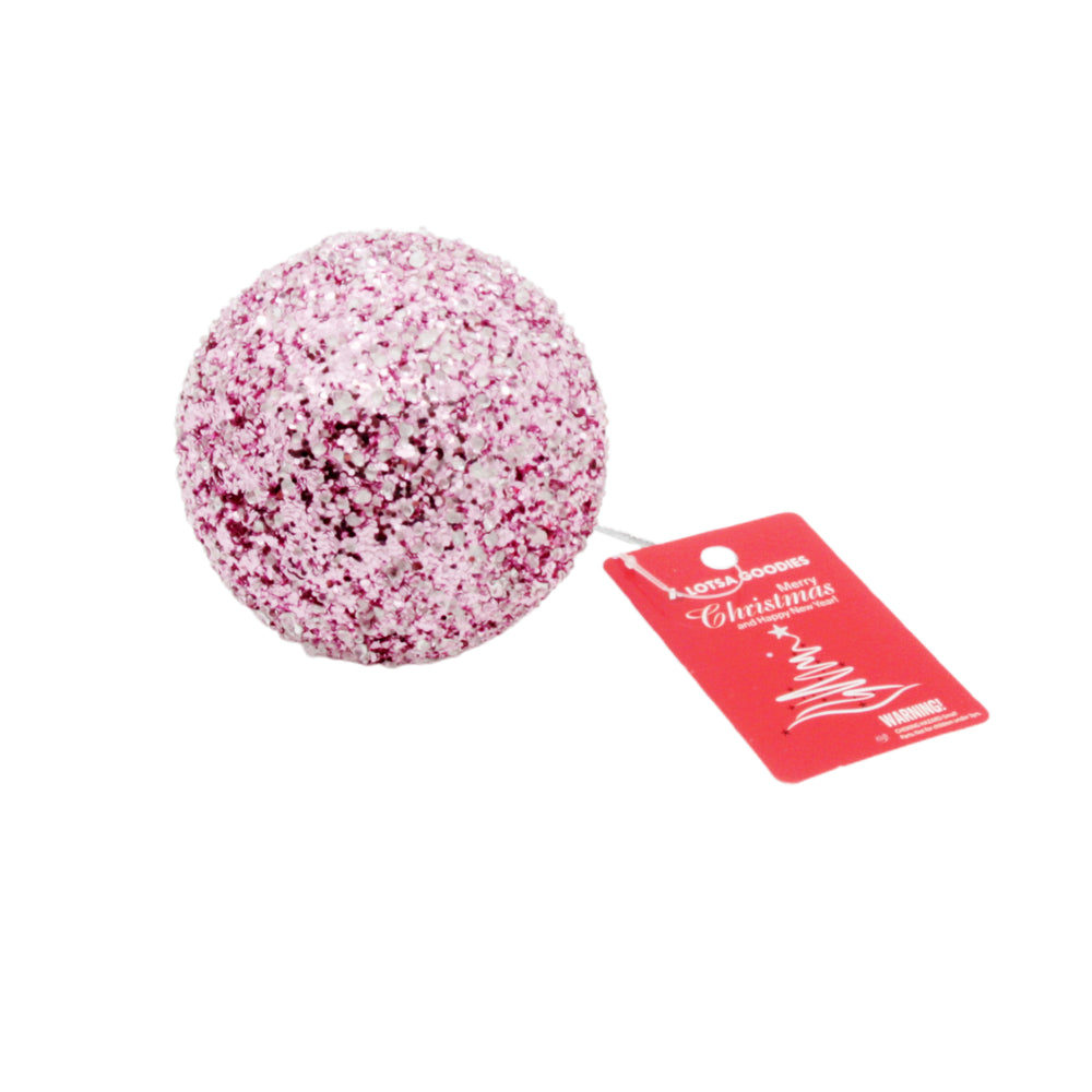 Decorative pink Christmas Ball(P) with glitter and a tag for holiday decoration.