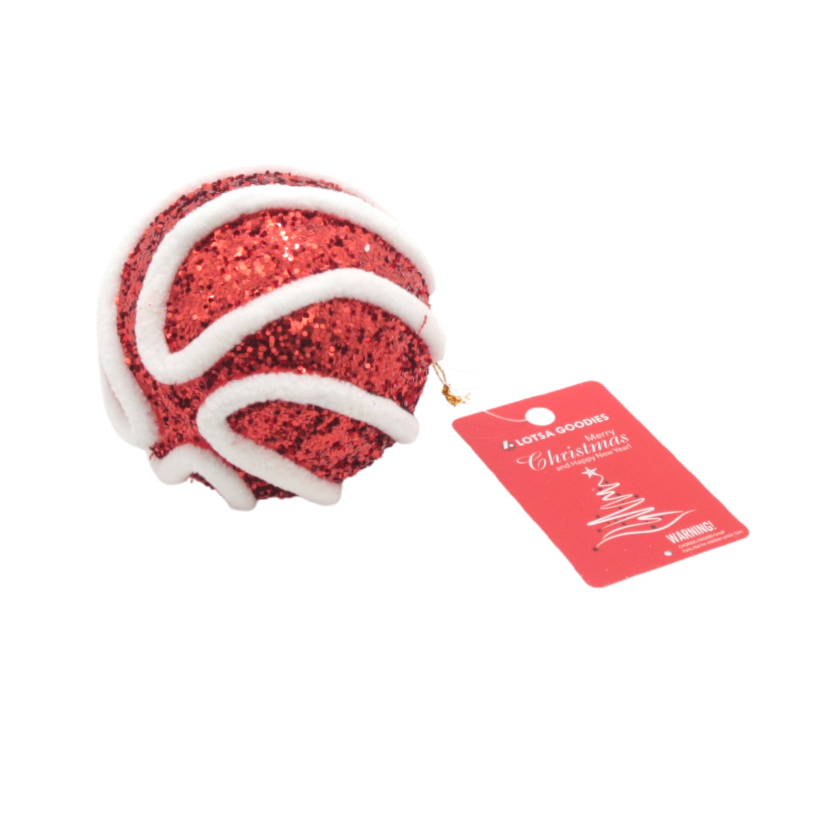 Red glitter Christmas Ball(R) with white accents and a tag for holiday decoration.