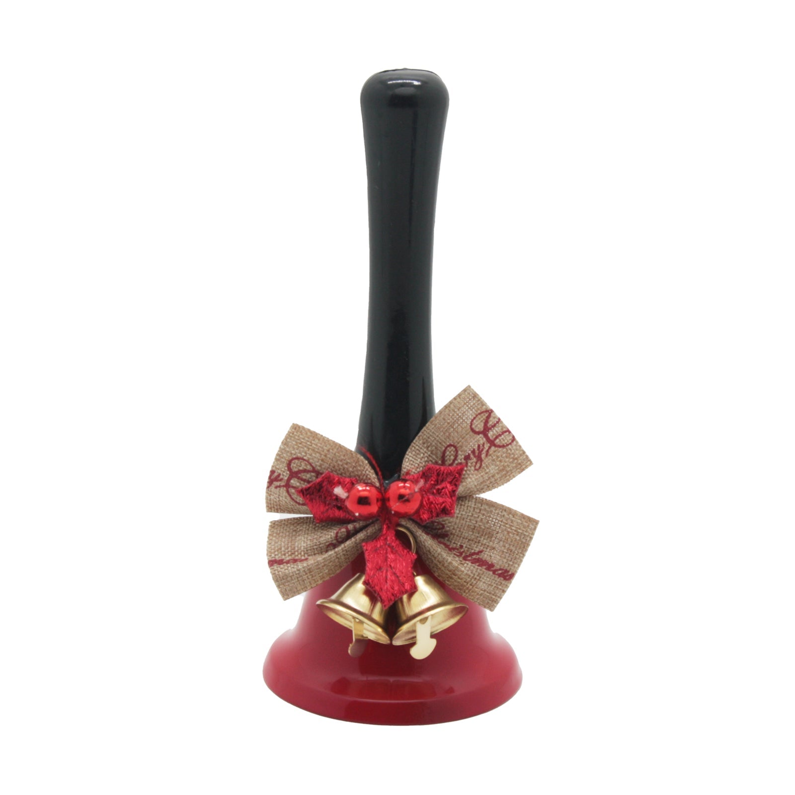 Christmas Bell(M) featuring a red finish, black handle, and decorative bow with bells for festive décor.