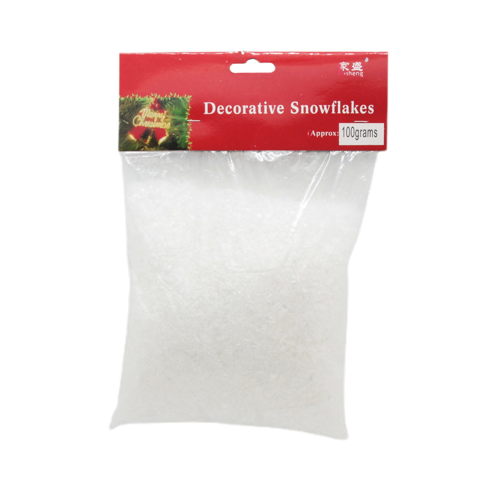 Fake Snow(100g) in a clear plastic bag with decorative snowflakes design on the label.