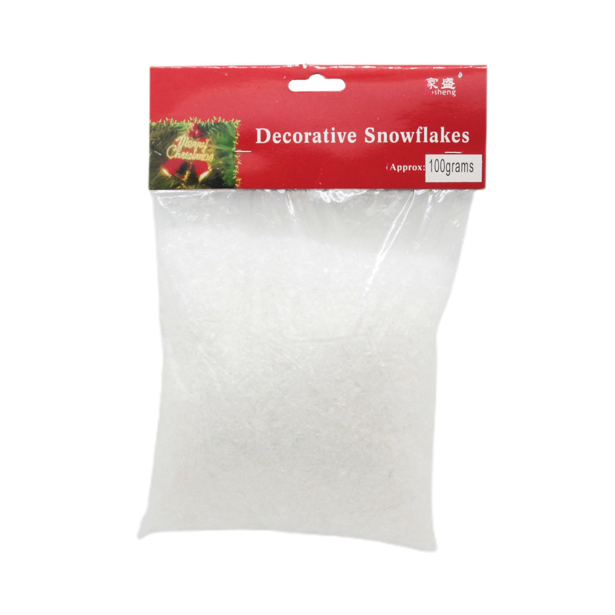 Fake Snow(100g) in a clear plastic bag with decorative snowflakes design on the label.