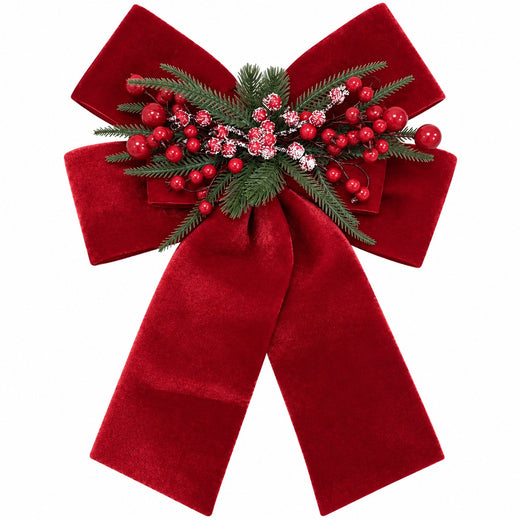 Red Velvet Christmas Bow with Berries – 40 × 60cm