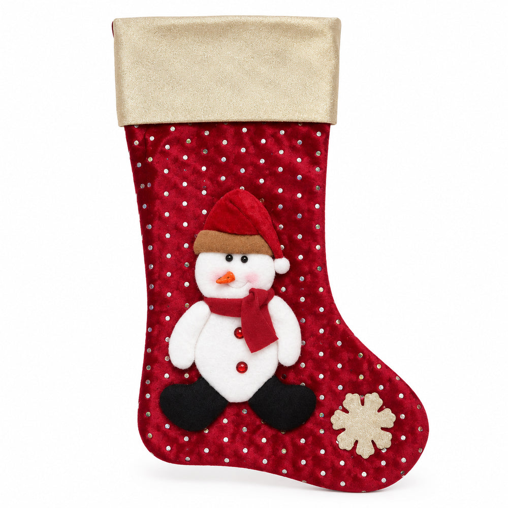 Red Christmas stocking with snowman and gold cuff