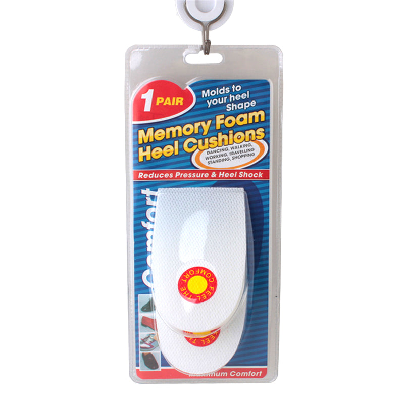 Heel Cushions (Man) packaging featuring memory foam design reduces pressure and heel shock for comfortable wear.