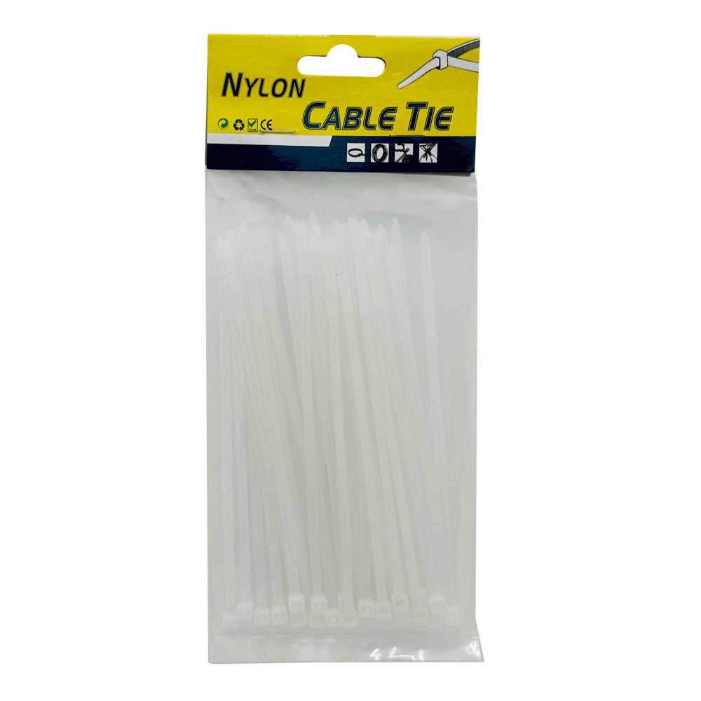 Nylon Cable Tie (3.6*150MM,50PCS) in a packaging featuring multiple white ties.
