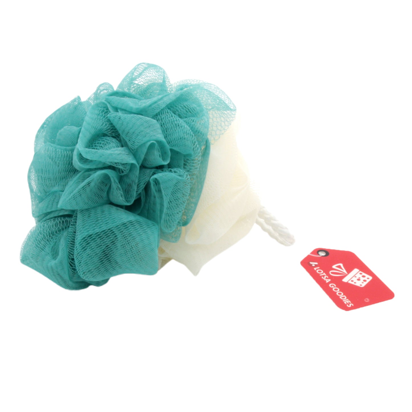 Shower Ball(50G) bath accessory with teal and white mesh fibers for gentle exfoliation and cleansing.