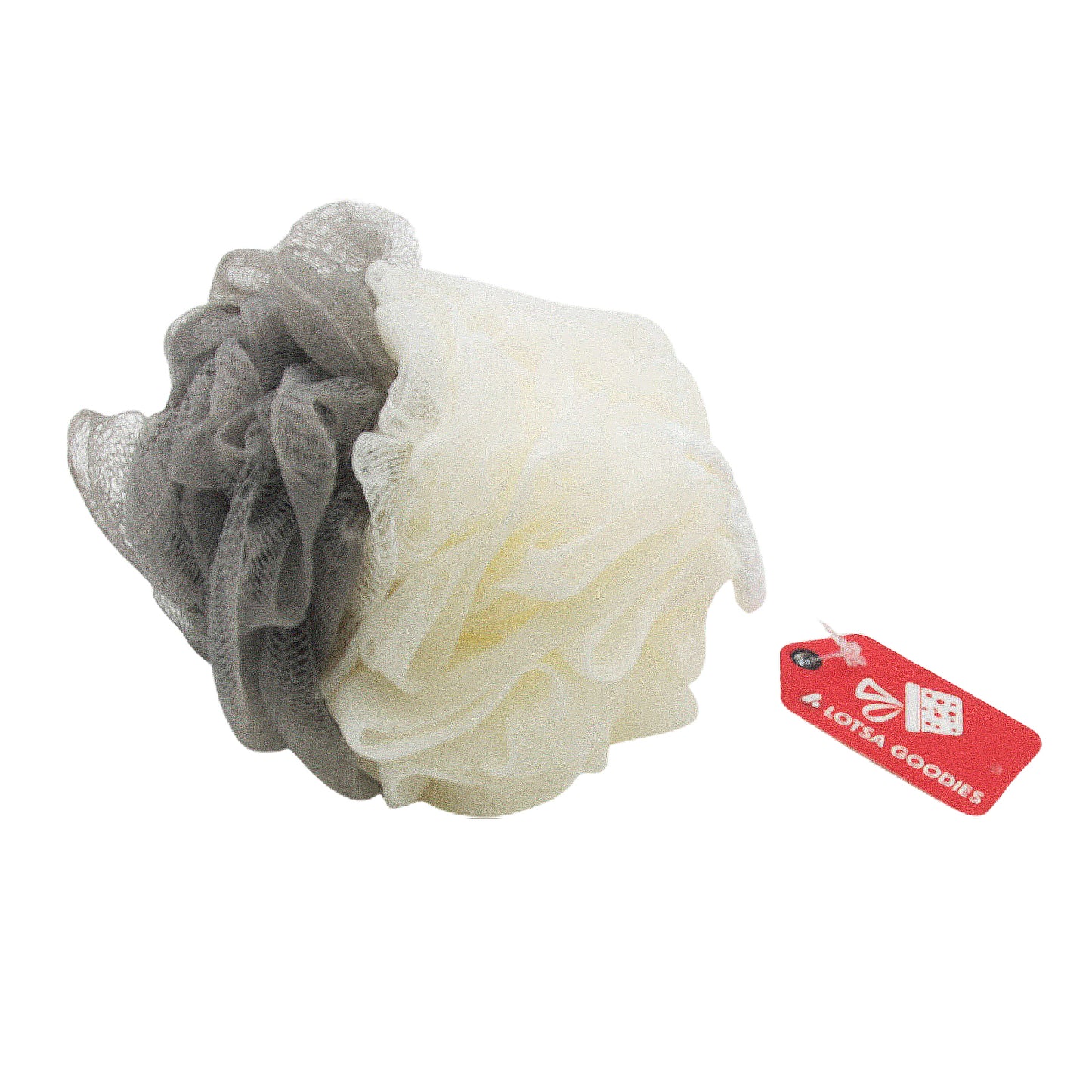Shower Ball(50G) in gray and white, designed for an invigorating bath experience and gentle exfoliation.