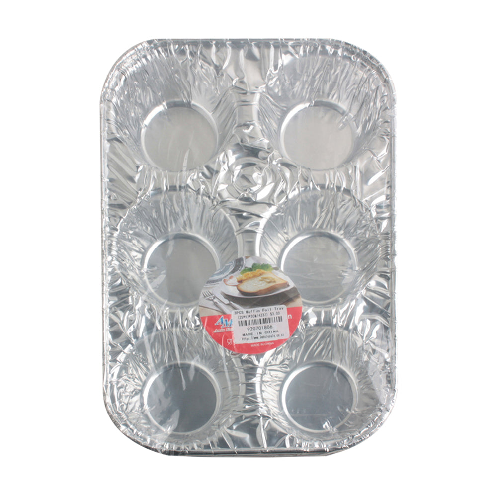 3PCS Muffin Foil Tray(25*17*3CM/4237) with six molds for baking, made of durable aluminum foil.