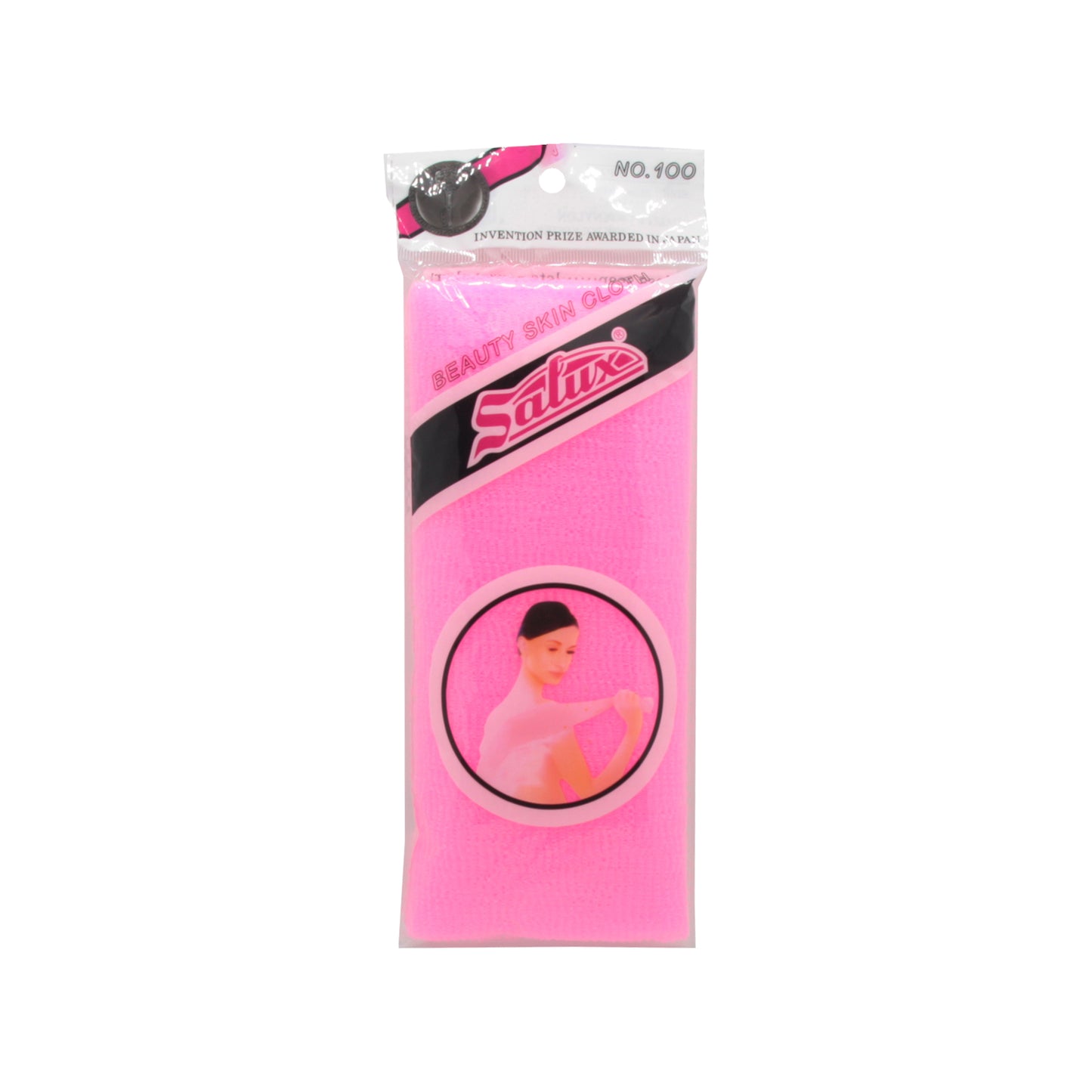 Bright pink Bath Towel from Salux for seamless skin exfoliation and body care.