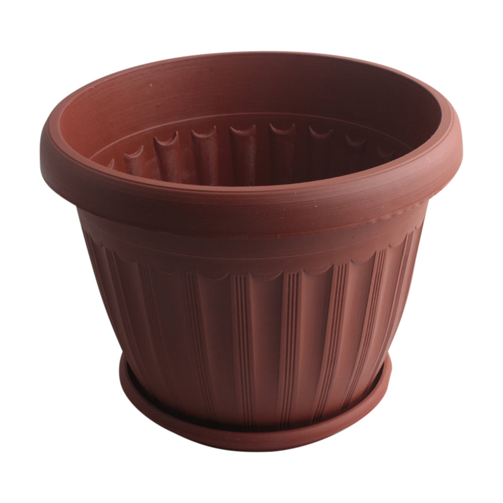 🪴 Terracotta-Style Plastic Planter with Saucer – 4 Sizes Available in terracotta brown color, featuring fluted design.