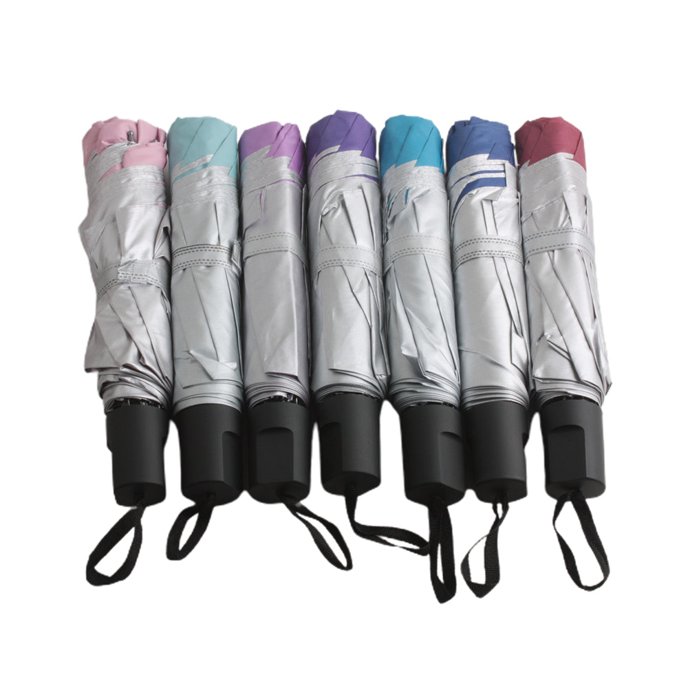 ☔ Foldable Compact Umbrella – Rainproof Travel Size (Q) in assorted colors, neatly folded and ready for travel.