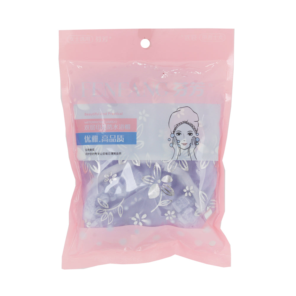 Shower Cap(TA) in a colorful packaging featuring a floral design and a stylish character illustration.