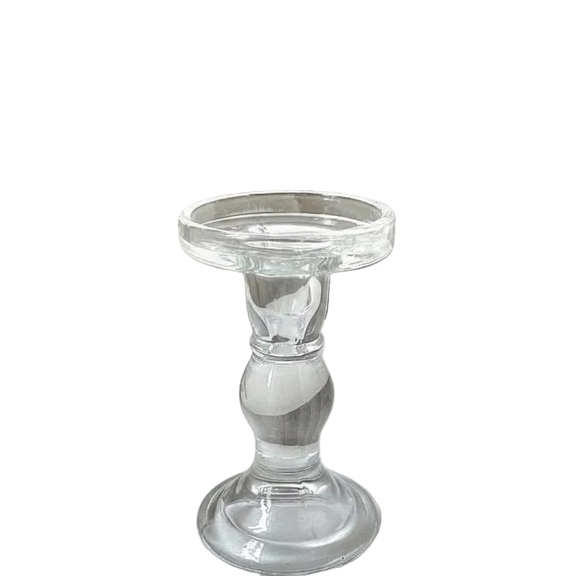 Candle Holder L.K. clear glass design with measurements for tabletop decor, height 13.8cm, diameter 8cm.