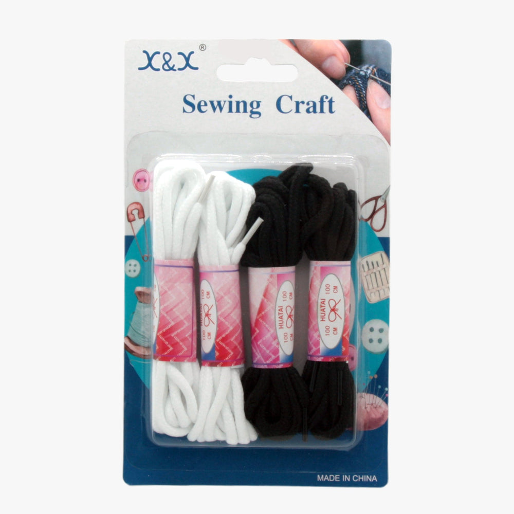 4 Pairs Round Shoelaces in black and white packaging for sewing craft.