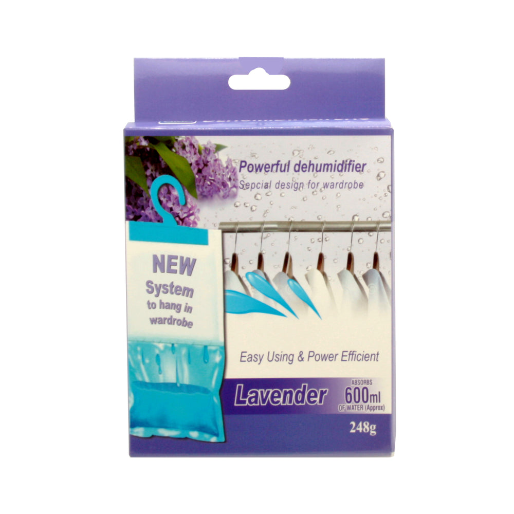 Hanging Wardrobe Dehumidifier packaging designed for effective moisture absorption in wardrobes and closets.