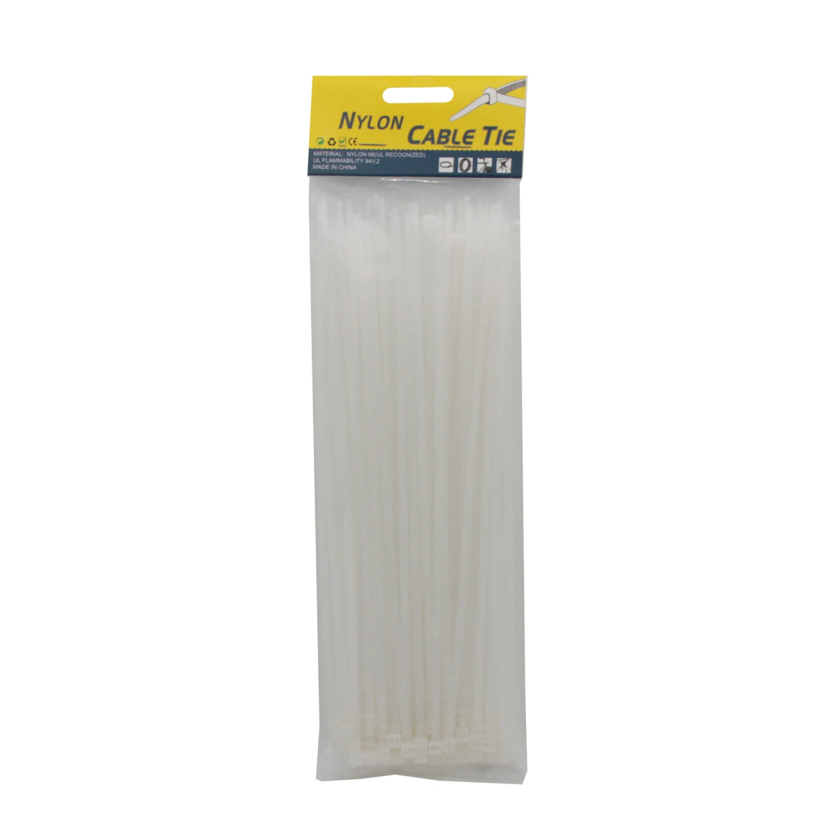 White Cable Tie(3.6*250MM,100PCS) packaging with nylon cable ties for secure organization.