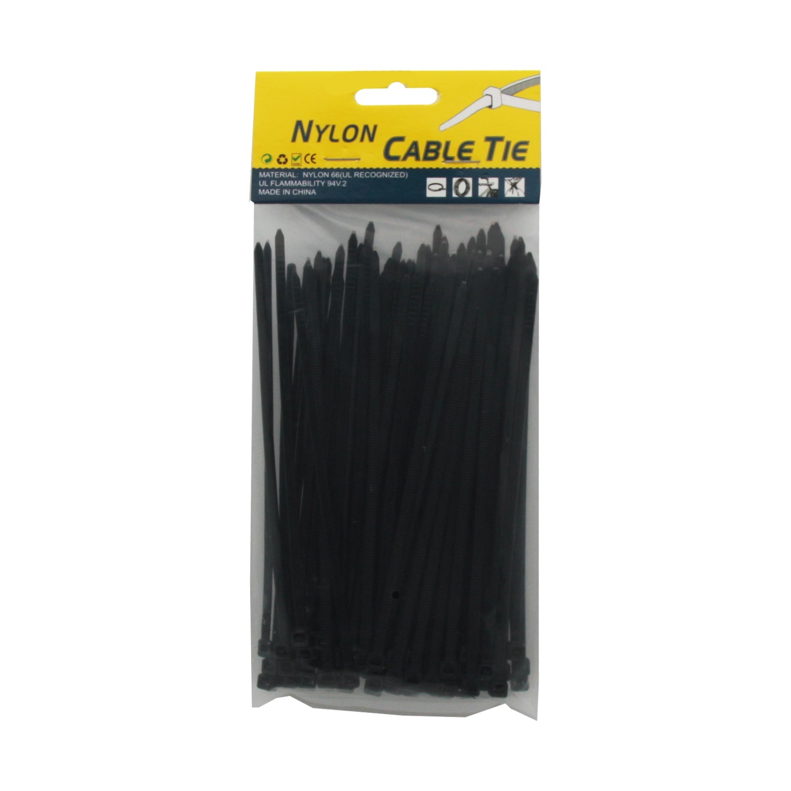 Black Cable Tie(3.6*150MM,100PCS) in a pack, ideal for organizing cables and securing items.