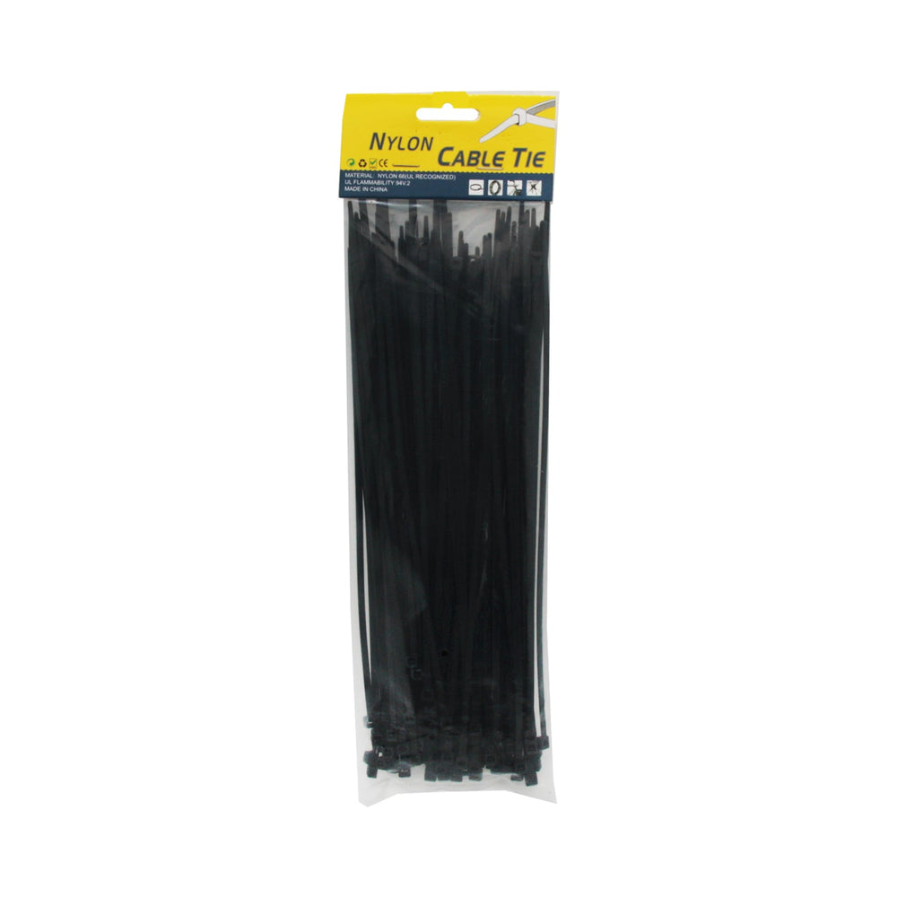 Black Cable Tie(3.6*250MM,100PCS) in a clear package, ideal for organizing cables and cords.
