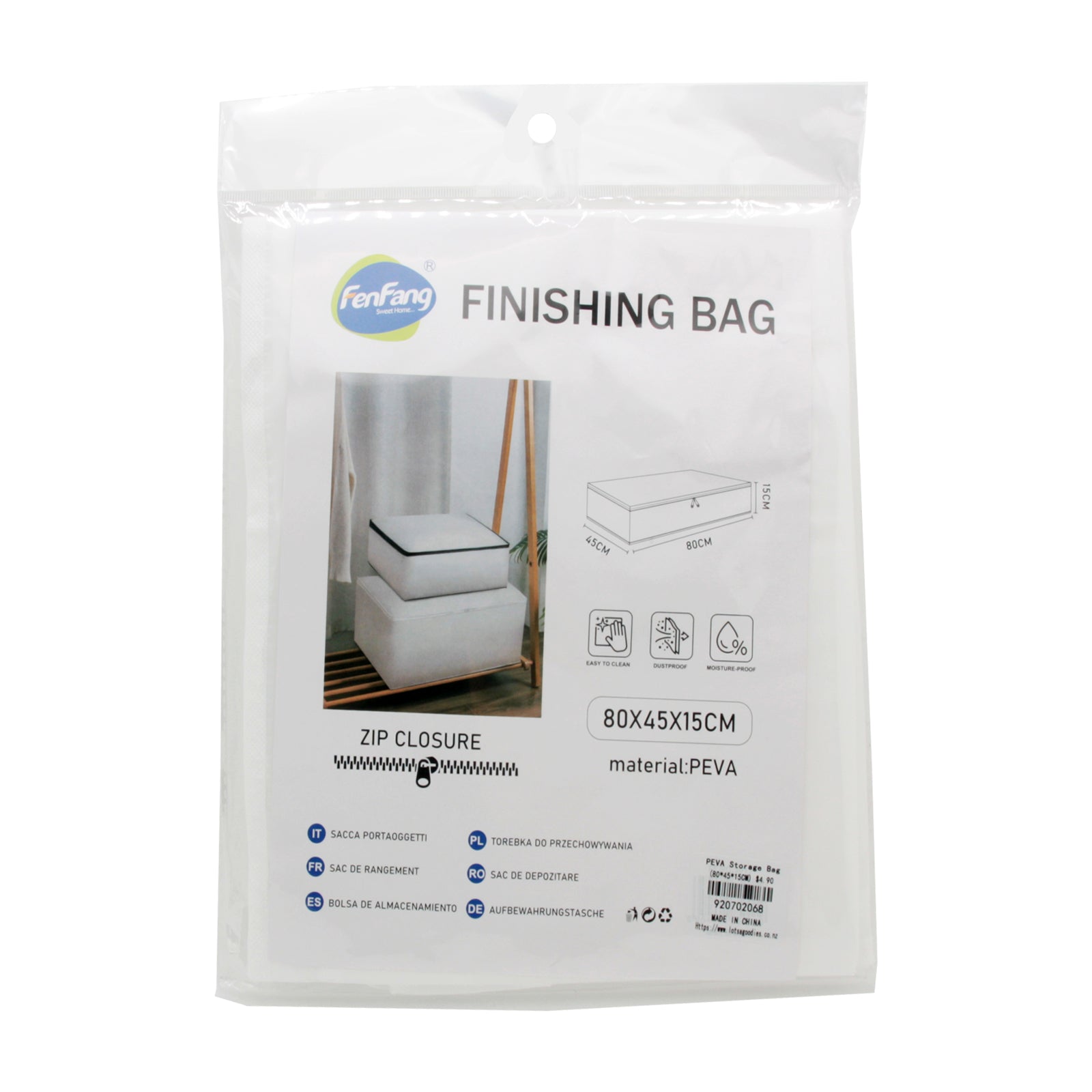 PEVA Storage Bag(80*45*15CM) with zip closure for convenient storage and organization.