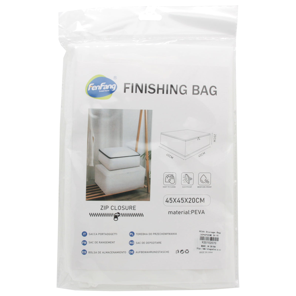 PEVA Storage Bag(45*45*20CM) in transparent packaging with zip closure for storage solutions.