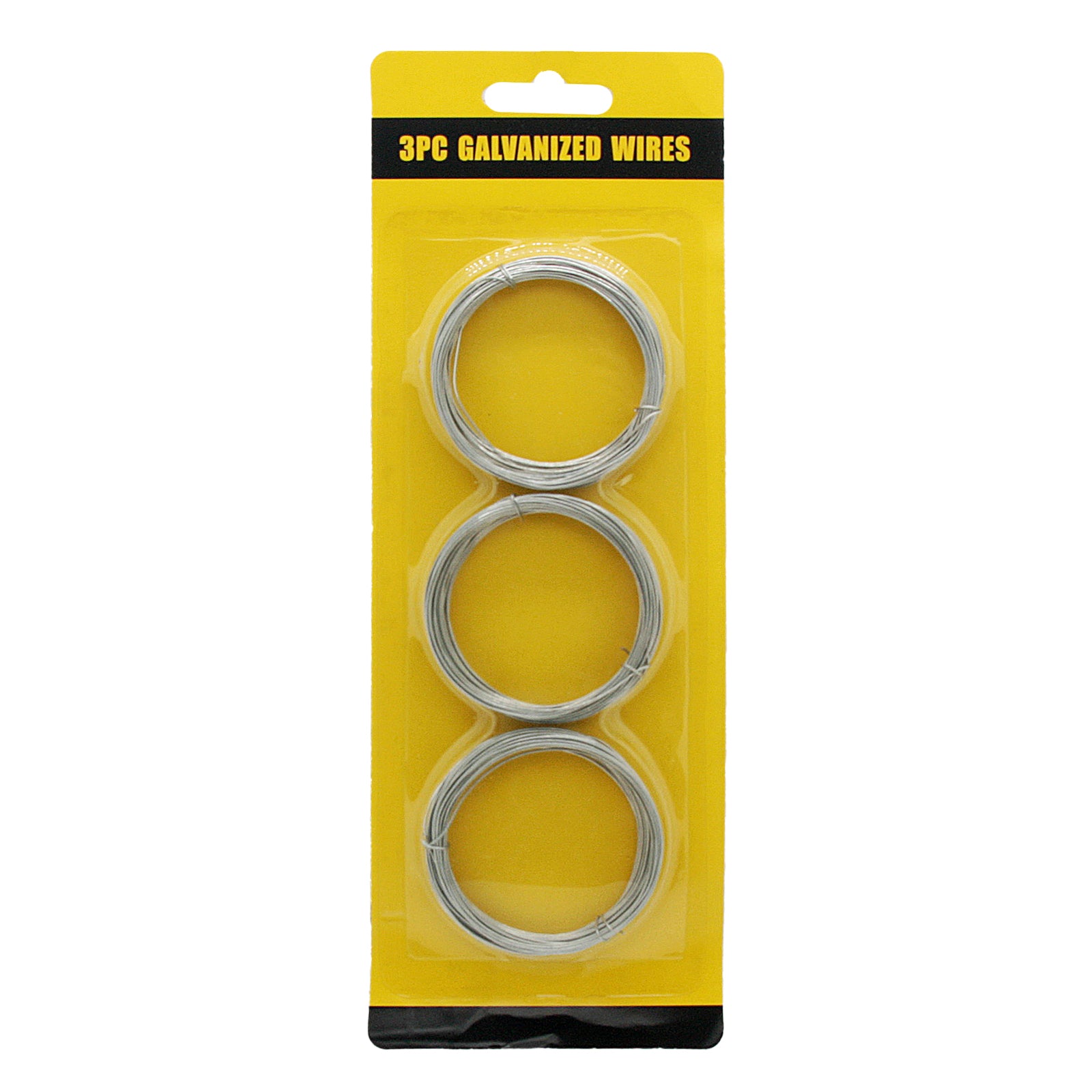 3 pieces of galvanized Multi-Purpose Craft Wire packaged in a bright yellow display.