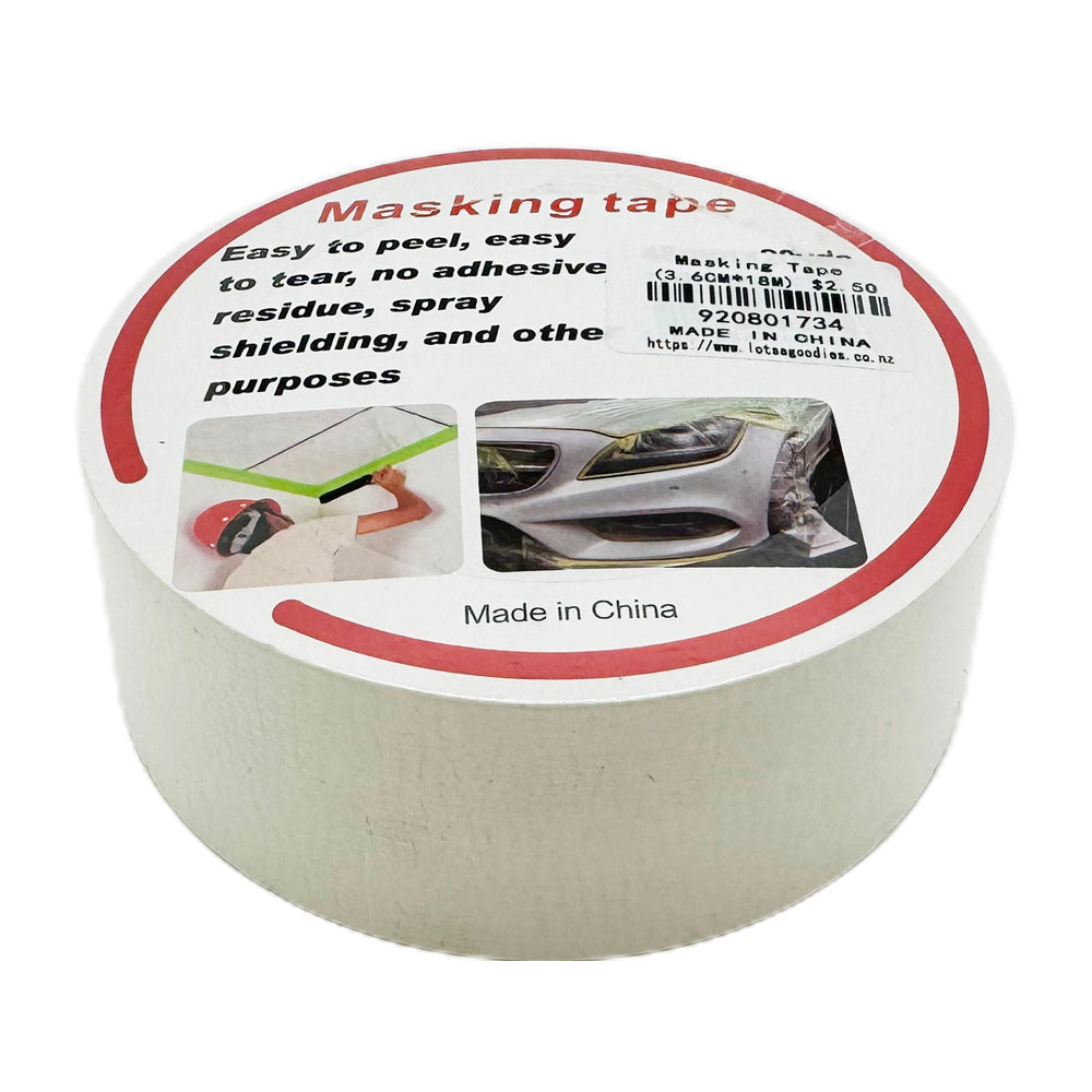 Masking Tape(3.6CM*18M) roll, easy to peel, perfect for spray shielding and various purposes, made in China.