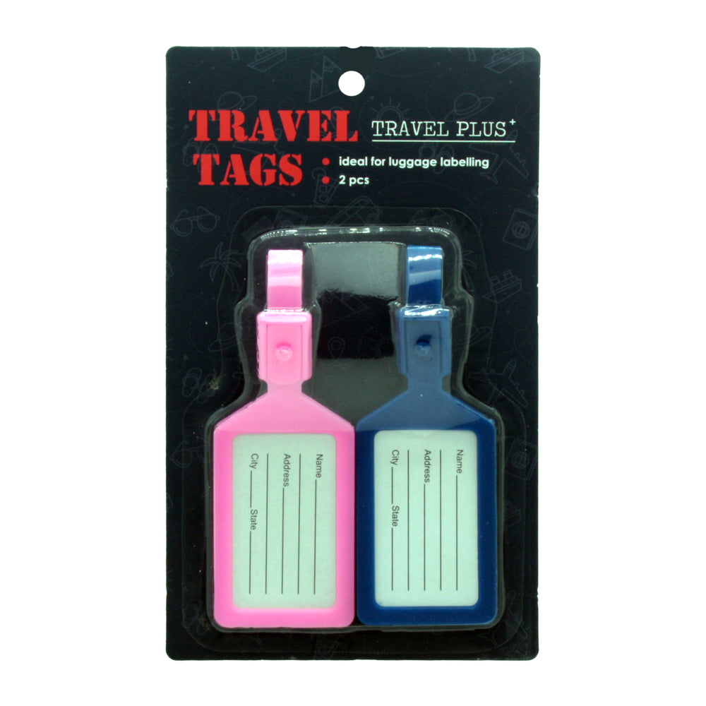 Suitcase Luggage Tags – Travel Bag ID Labels (2PCS) in pink and blue packaging for easy luggage identification.