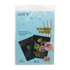 Scratch Paper pack with vibrant colors underneath and scratch tool for creative fun activities.