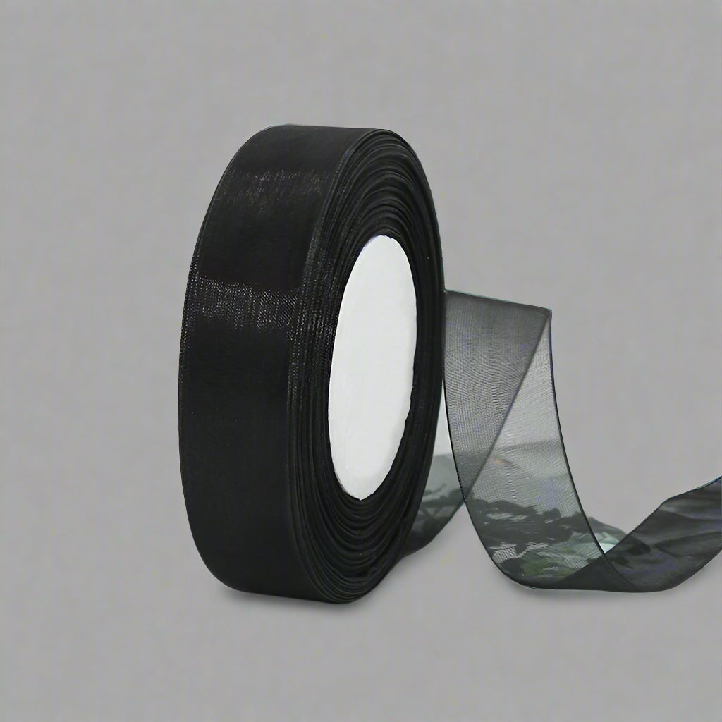 🎀 Sheer Organza Ribbon – Elegant & Versatile Finish in black, perfect for gift wrapping and décor.