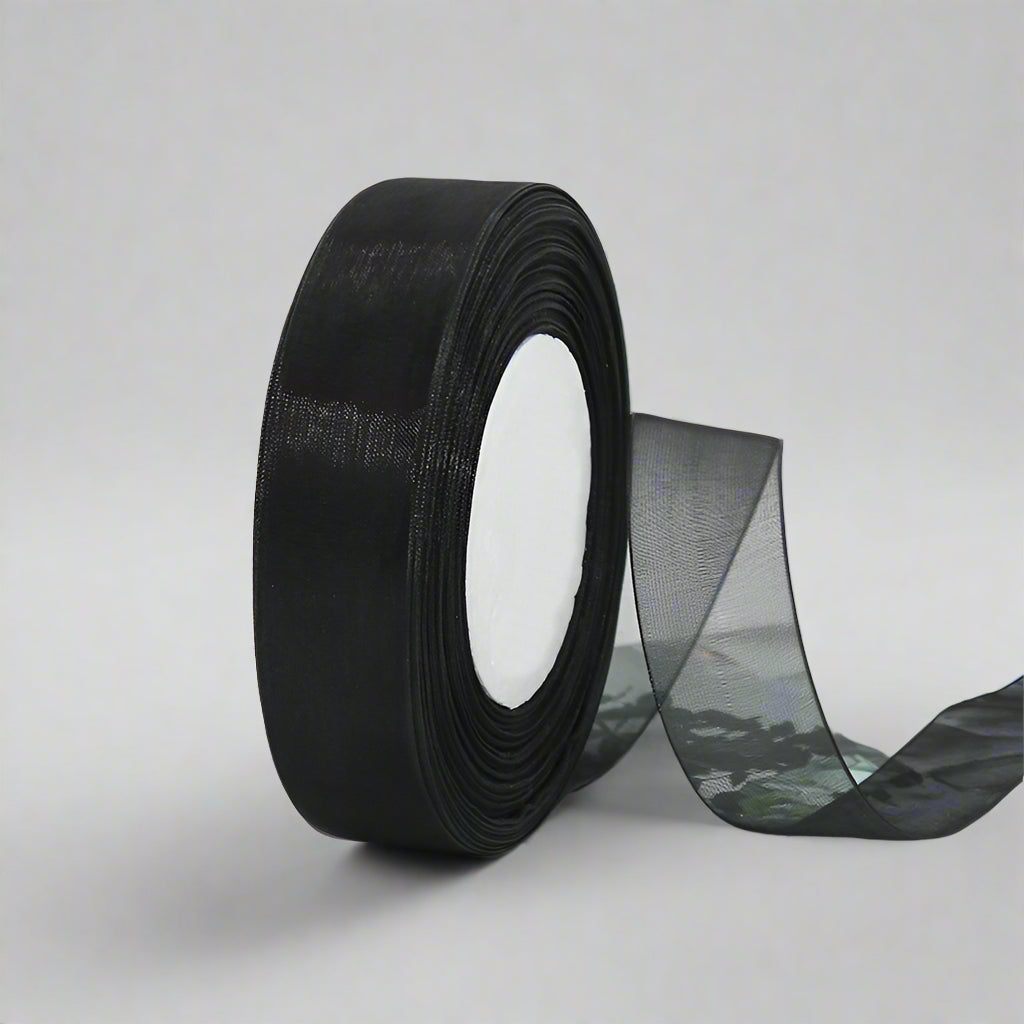 🎀 Sheer Organza Ribbon – Elegant & Versatile Finish in black, perfect for gift wrapping and decor.