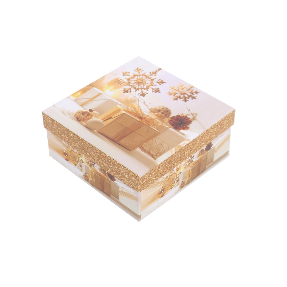 3/3 X-mas Gift Box(11*11*4.9CM) with festive design and glitter accents for holiday gifting.