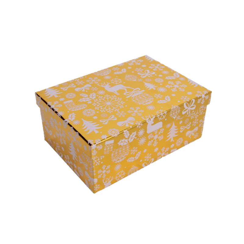 8/10 Gift Box Gold SY Deer (23*16.5*9.5CM) - decorative yellow gift box with white floral patterns.