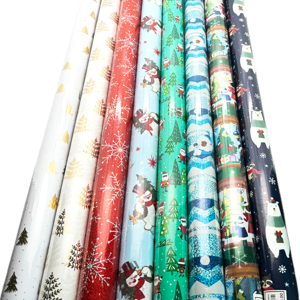 Colorful Christmas Wrapping Paper(76CM*2M) rolls showcasing festive designs and patterns for holiday gift wrapping.