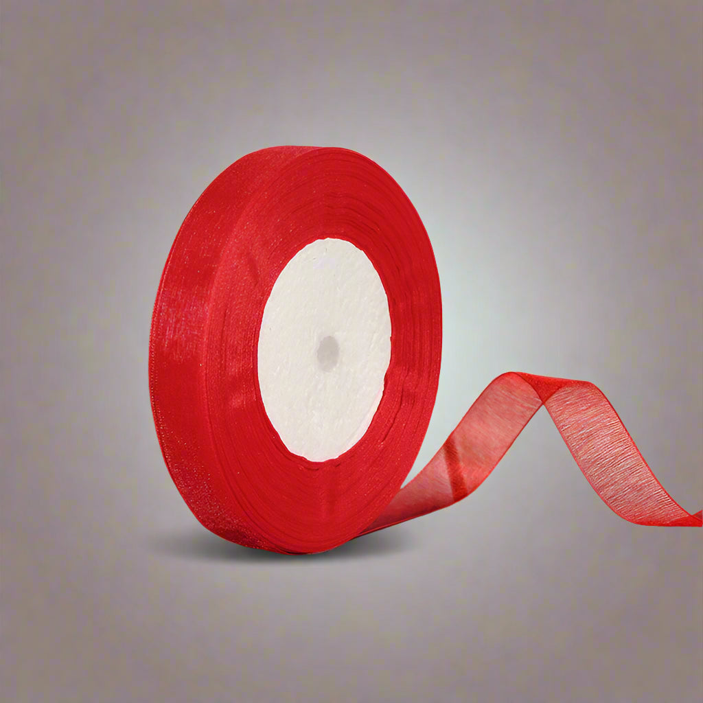 🎀 Sheer Organza Ribbon – Elegant & Versatile Finish in vibrant red, perfect for gift wrapping and DIY crafts.