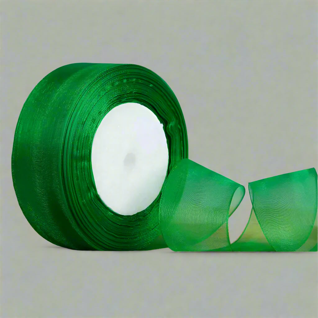 🎀 Sheer Organza Ribbon – Elegant & Versatile Finish in vibrant green, ideal for gift wrapping and DIY crafts.