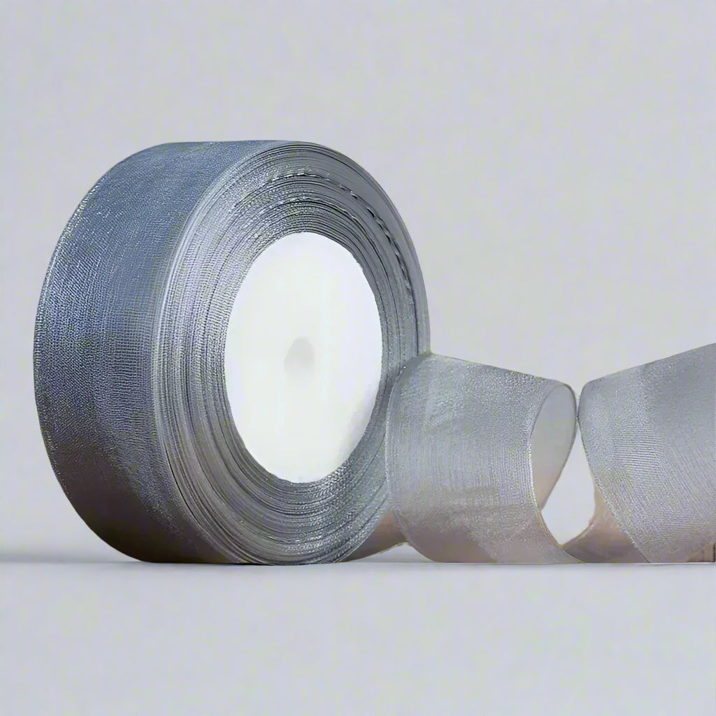 🎀 Sheer Organza Ribbon – Elegant & Versatile Finish in silver hue, perfect for gift wrapping and crafting.