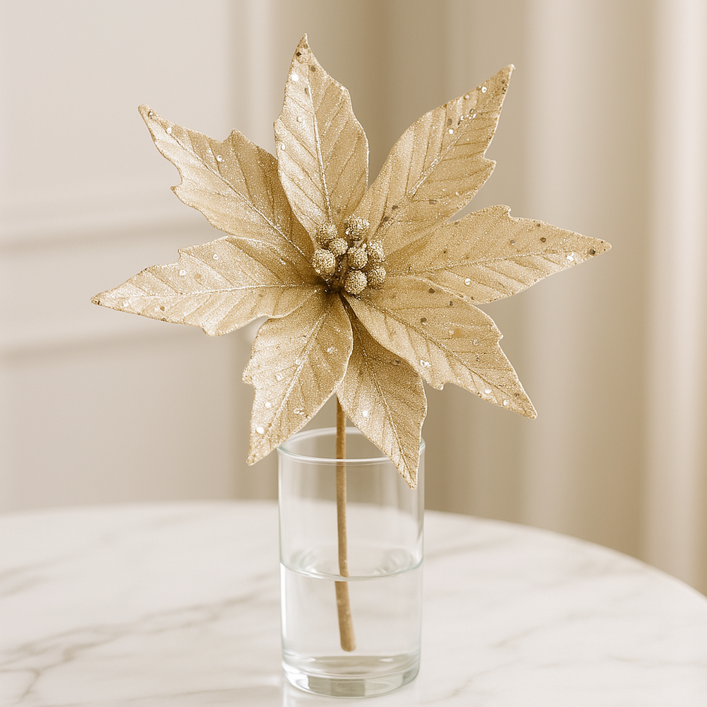 🌺 Red Sequin Christmas Flower Stick(Single Stem) in a glass vase, showcasing a glamorous golden floral design.