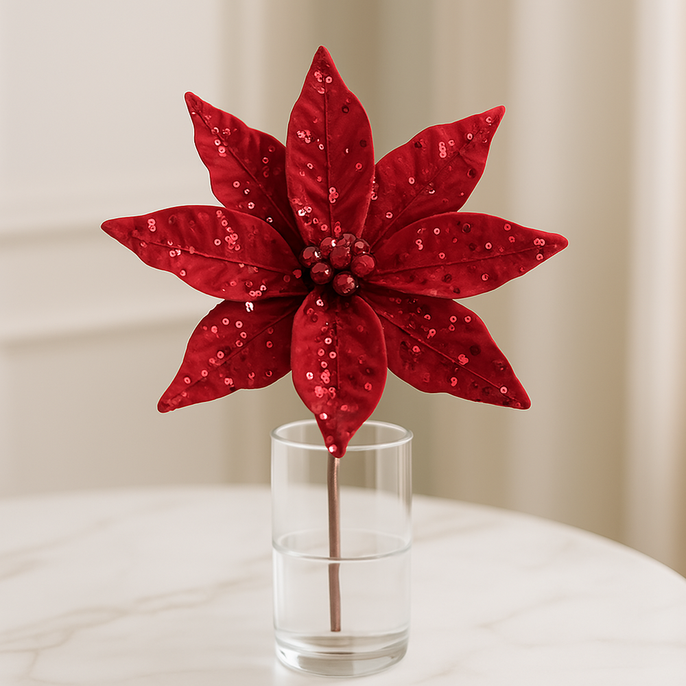 🌺 Red Sequin Christmas Flower Stick(Single Stem) in a glass vase with vibrant red sequined petals.
