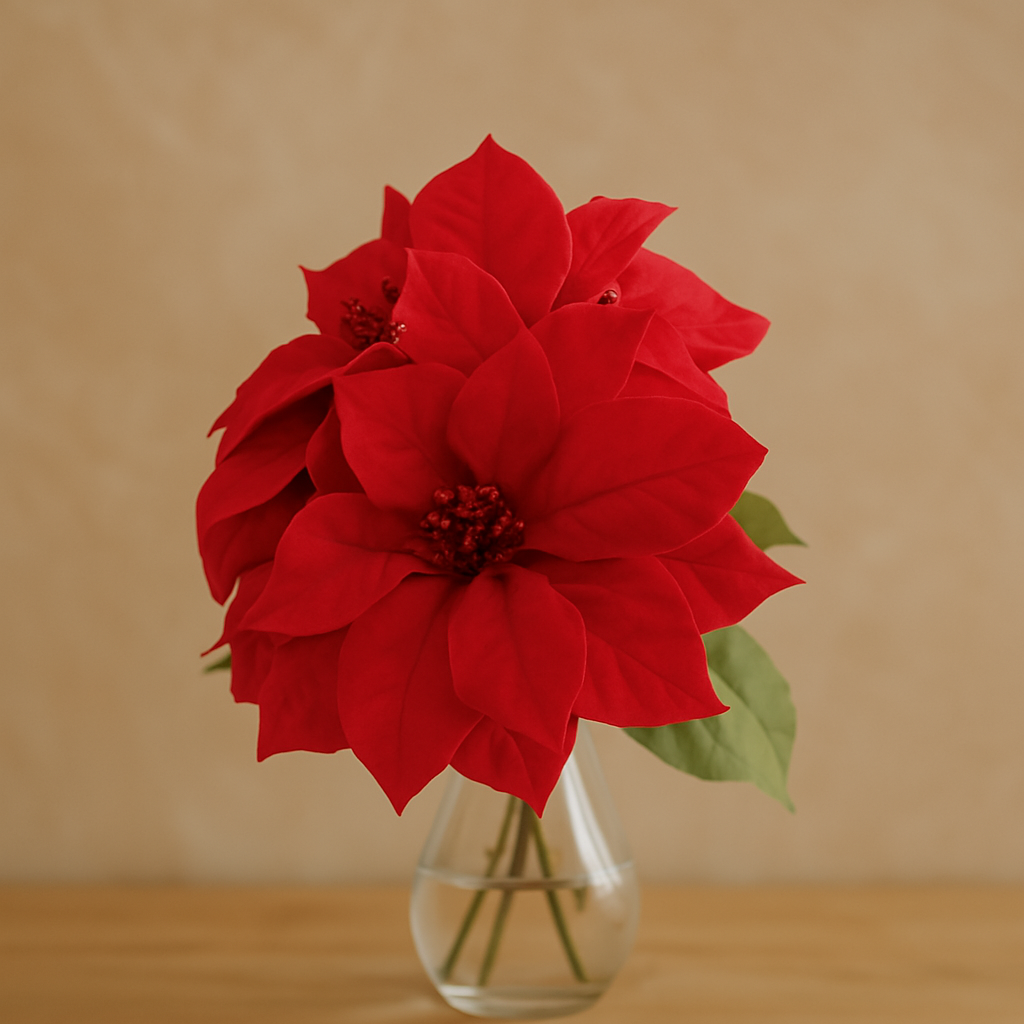 🌸 Premium Artificial Christmas Flower (Single Stem) in a clear vase adding festive charm to any setting.