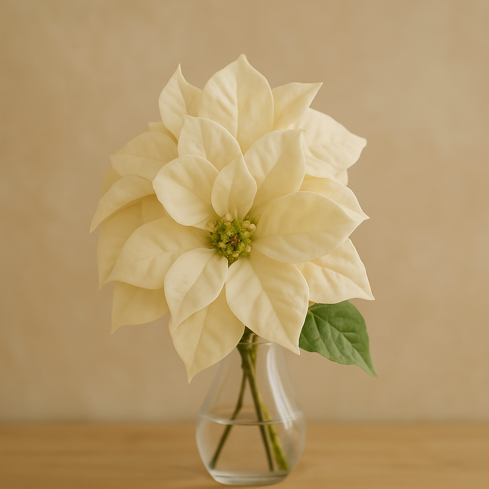 🌸 Premium Artificial Christmas Flower (Single Stem) in a clear vase, showcasing vibrant festive charm.
