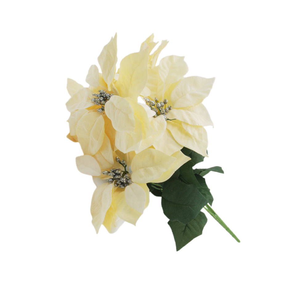 Christmas Poinsettia 5 Heads – Red & Cream Artificial Flower Bunch Decoration with cream-colored blooms and green leaves.