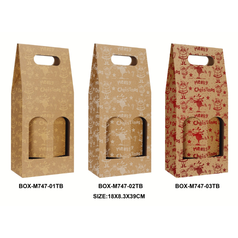 Christmas Wine Box - festive packaging for wine gifts, featuring three designs with cheerful holiday themes.