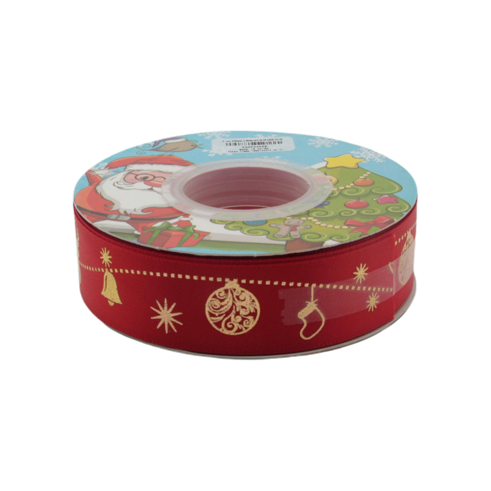 X-mas Ribbon w Pattern(2.5CM*22M) featuring festive designs of Santa and Christmas ornaments.