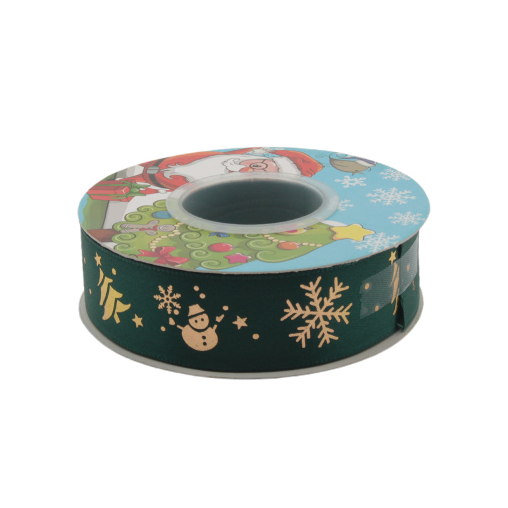 X-mas Ribbon w Pattern(2.5CM*22M) on a spool with festive designs, perfect for holiday decorating and gift wrapping.