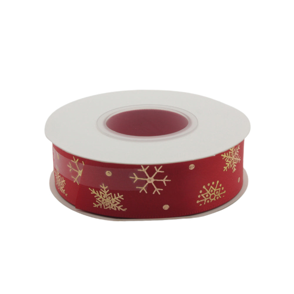 X-mas Ribbon w Pattern(2.5CM*22M) featuring red background with gold snowflake designs for festive decorating.